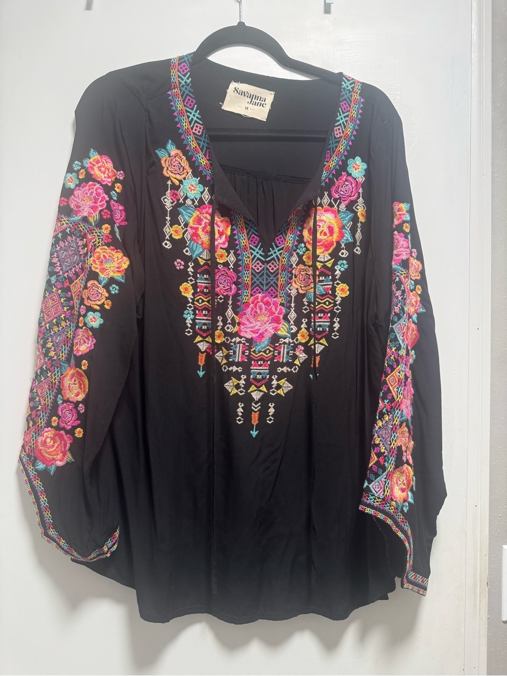 Savanna Jane Black Embroidered Floral Boho Tunic